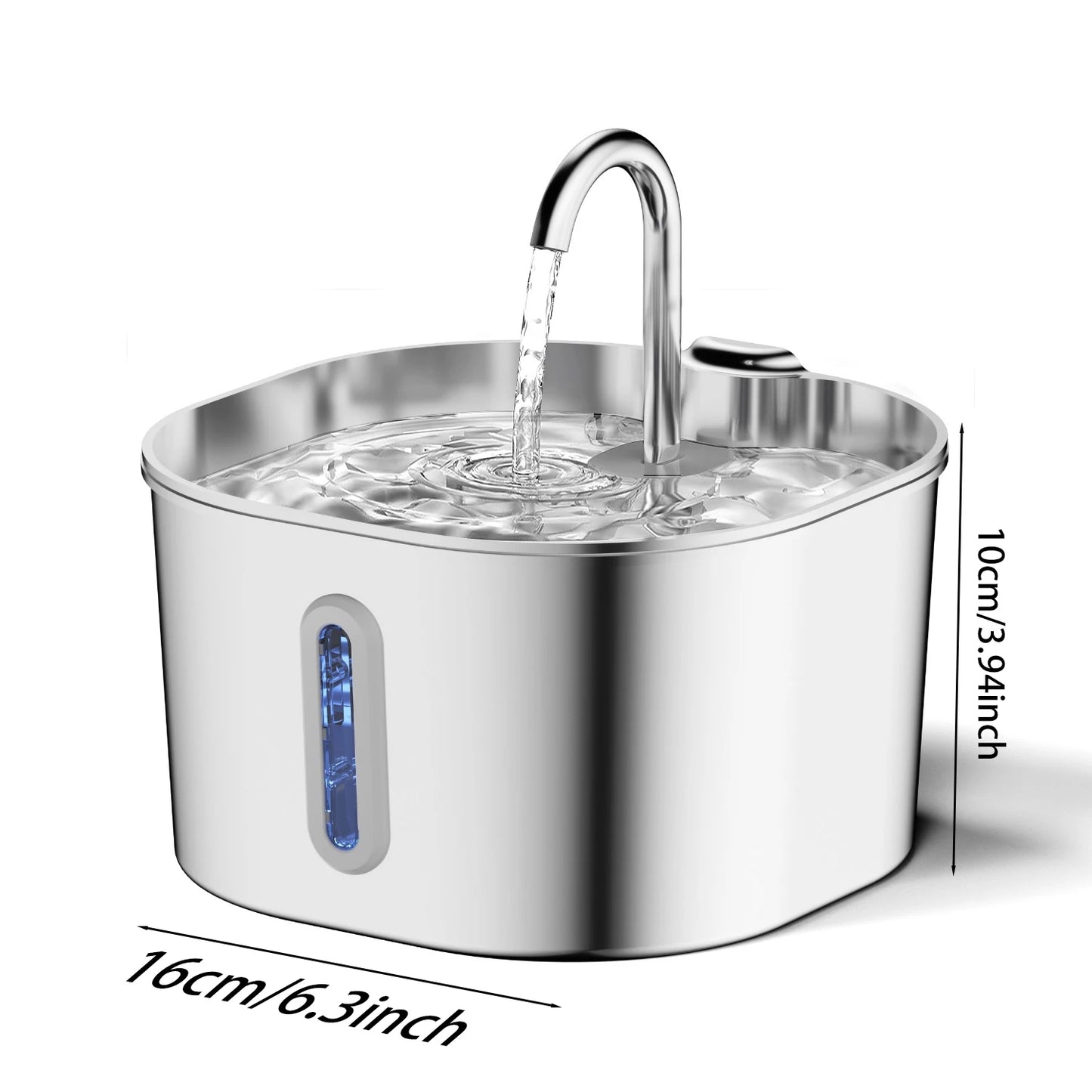 ZYFeeder 2.2L Automatic Cat Water Fountain Square Stainless Steel Pet Water Feeder Dog Water Fountain with window（No 5V 1A Plug）